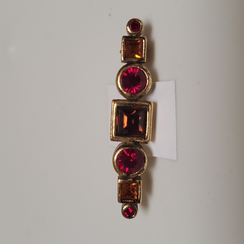 Red & Topaz Jeweled Gold Color Bar Pin